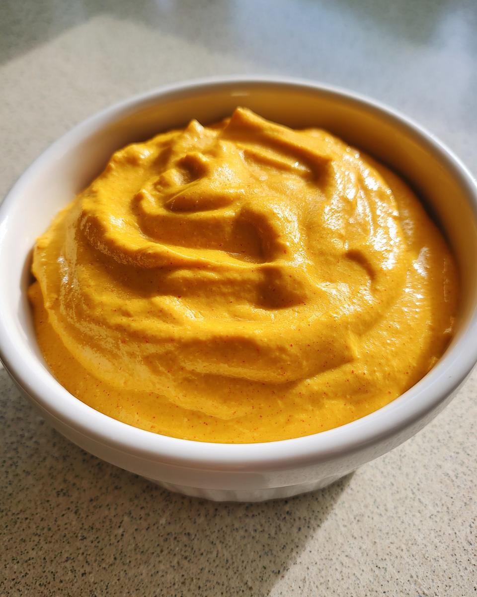 Close-up of thick, bright orange-yellow cottage cheese queso swirled in a small white bowl.