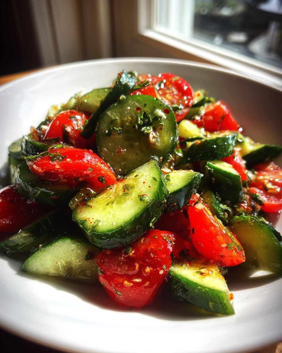 Close-up of a fresh cucumber tomato salad with herbs and dressing in a white bowl.