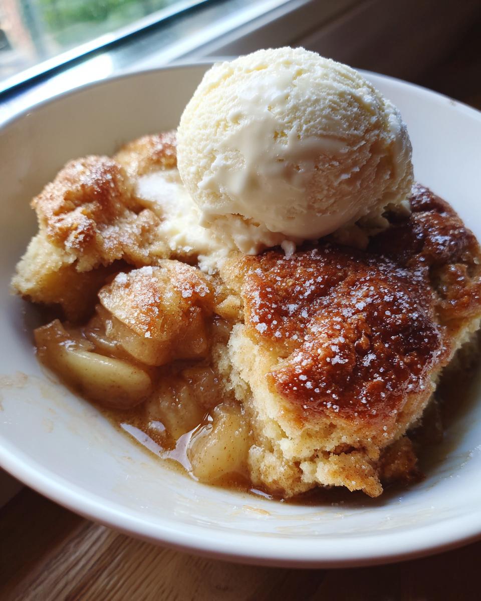 A scoop of vanilla ice cream melting over a warm serving of apple cobbler recipe with a golden, sugary crust.