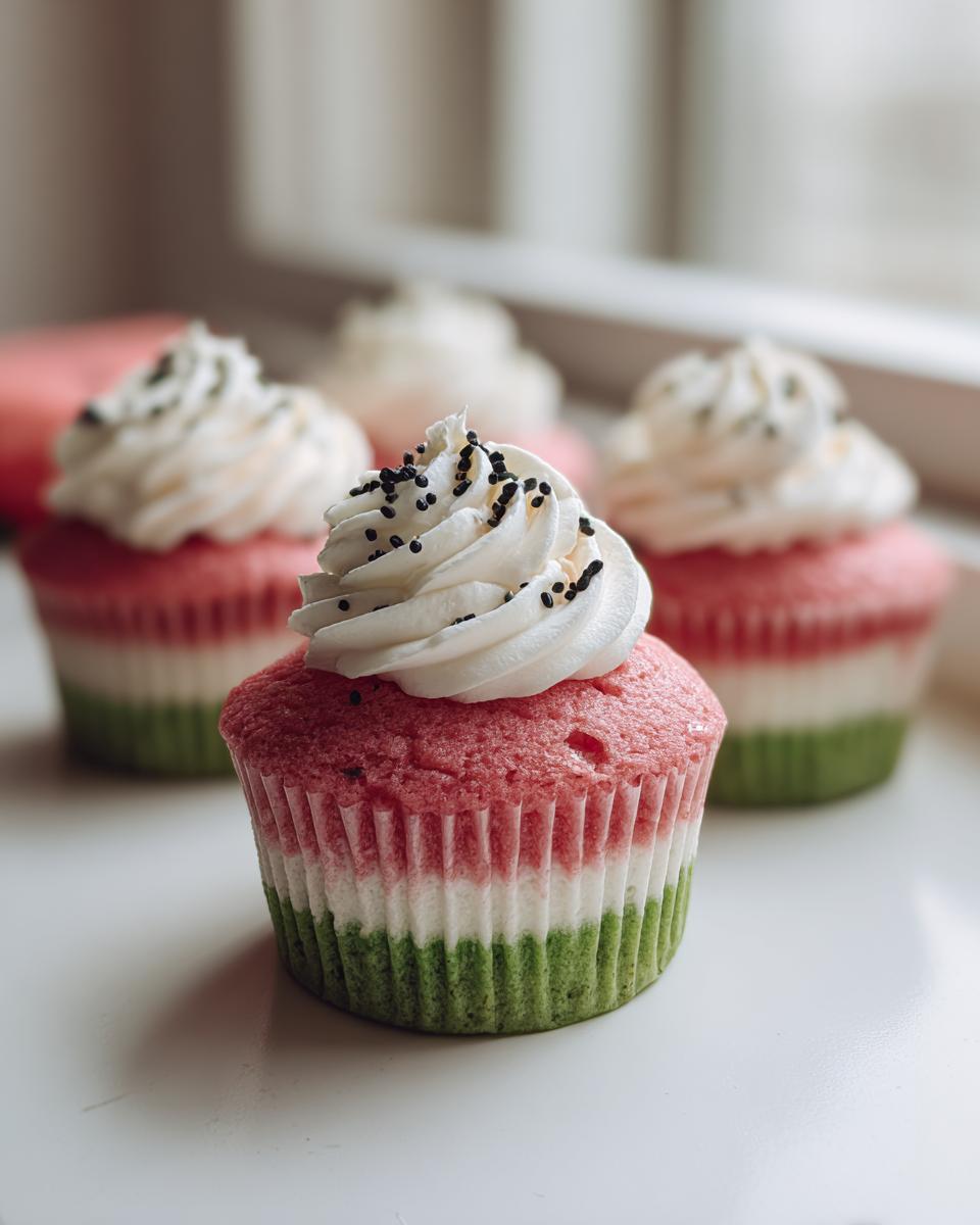 A close-up of a beautifully layered watermelon cupcake, featuring pink, white, and green cake layers, topped with white frosting and black sprinkles.