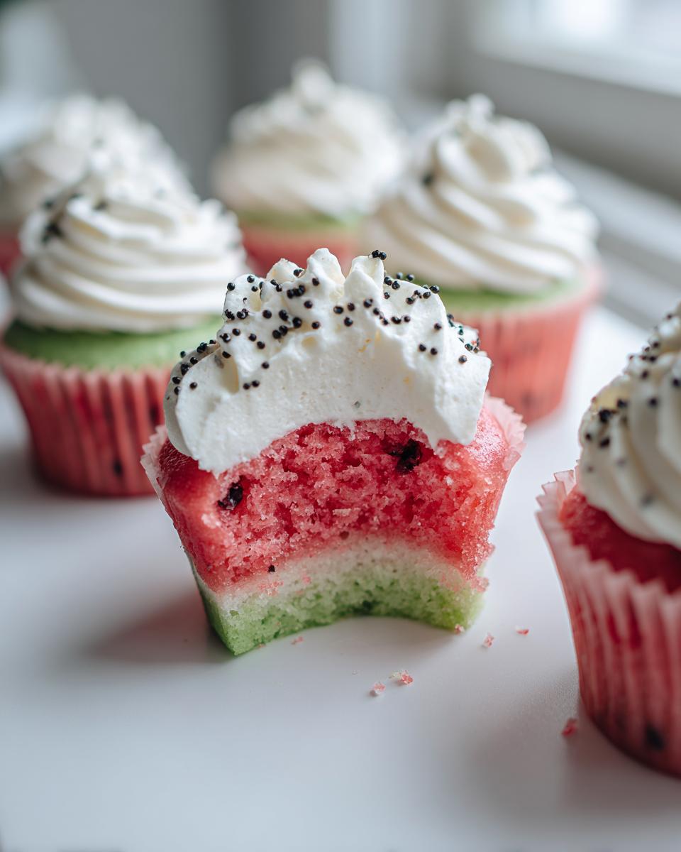 Close-up of a watermelon cupcakes with a bite taken out, showing pink and green layers, topped with white frosting and black sprinkles.