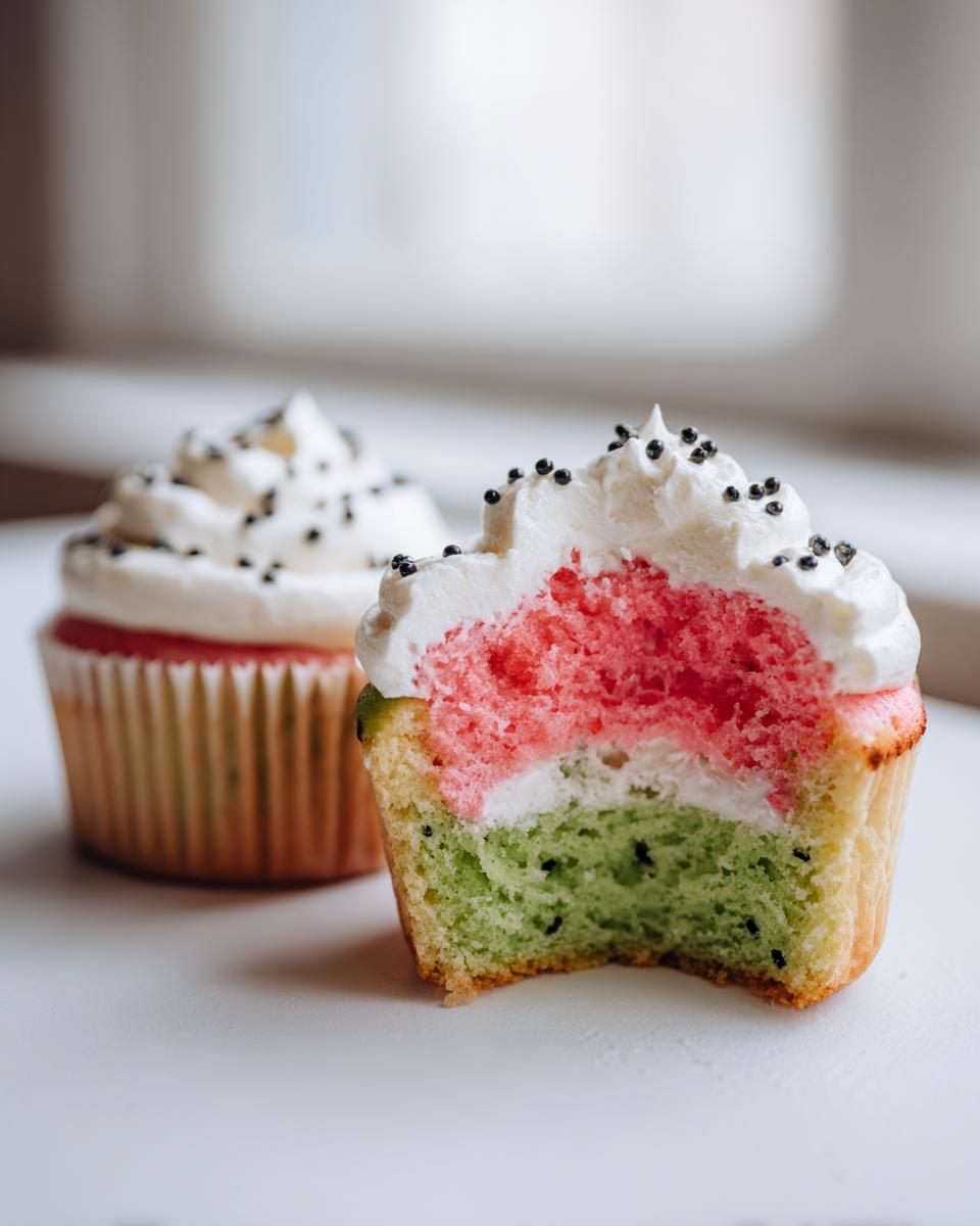 A close-up of a watermelon cupcake cut in half showing pink, white, and green layers, topped with white frosting and black sprinkles.