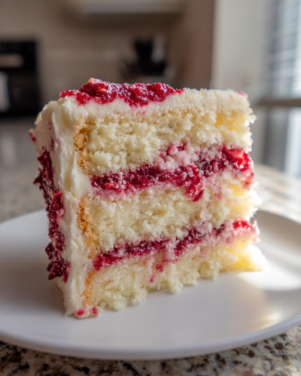 A close-up slice of white chocolate raspberry layer cake showing fluffy white cake, raspberry filling, and white frosting.