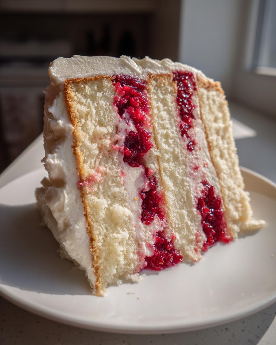 A close-up slice of white chocolate raspberry layer cake showing moist white cake, thick white frosting, and vibrant raspberry filling.
