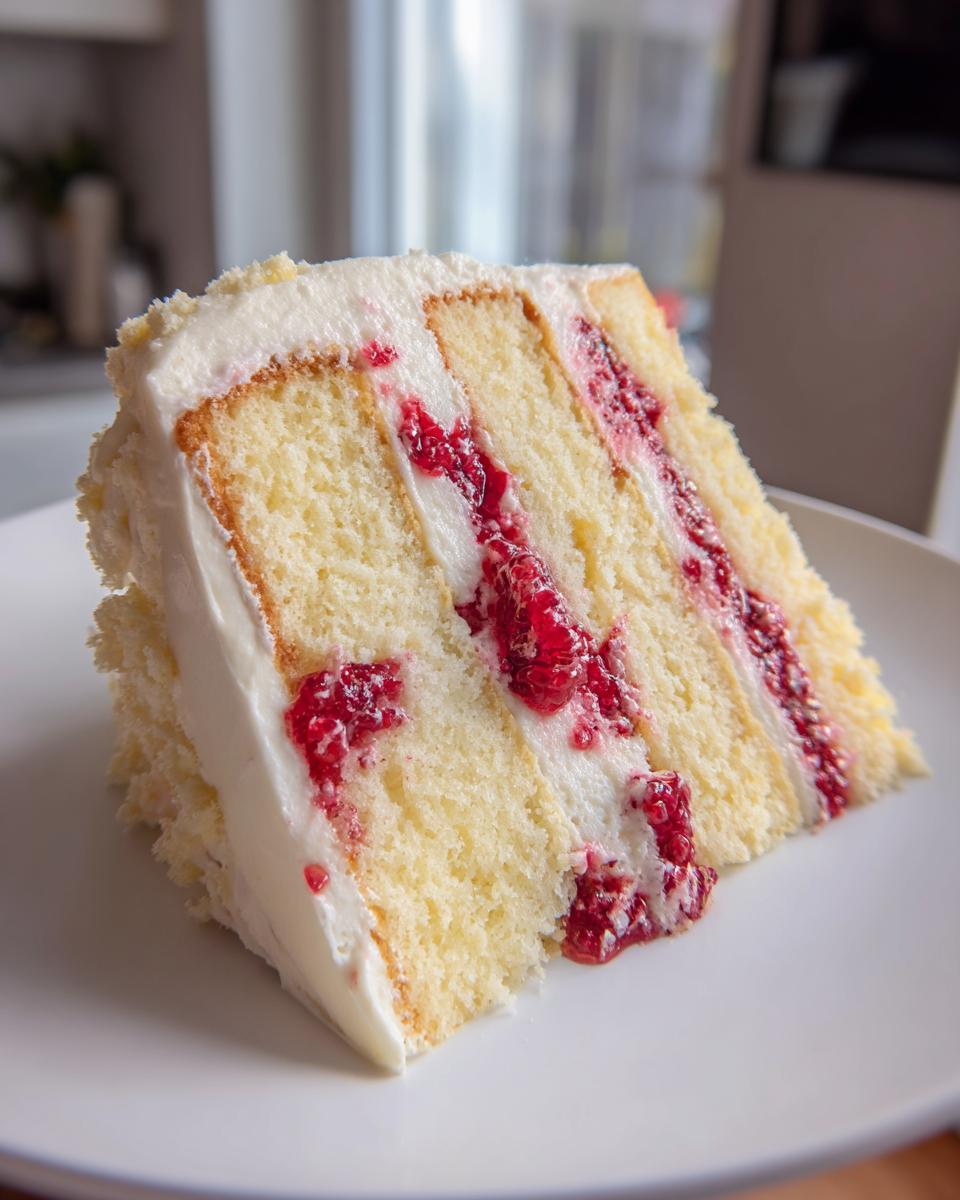 Close-up of a slice of white chocolate raspberry layer cake showing vanilla sponge, white frosting, and bright red raspberry filling.