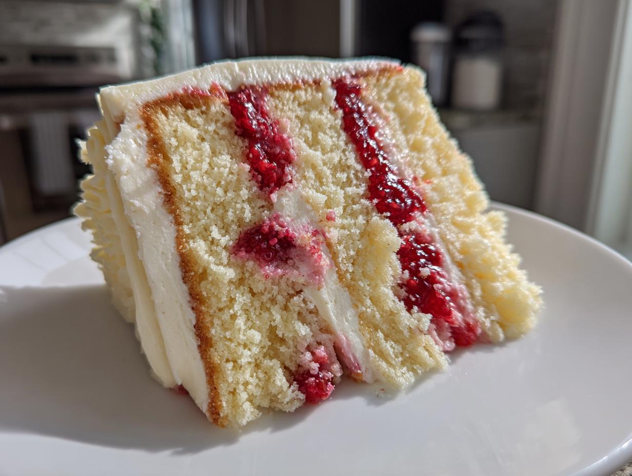 Close-up of a moist slice of white chocolate raspberry layer cake showing layers of vanilla cake, white frosting, and bright red raspberry filling.