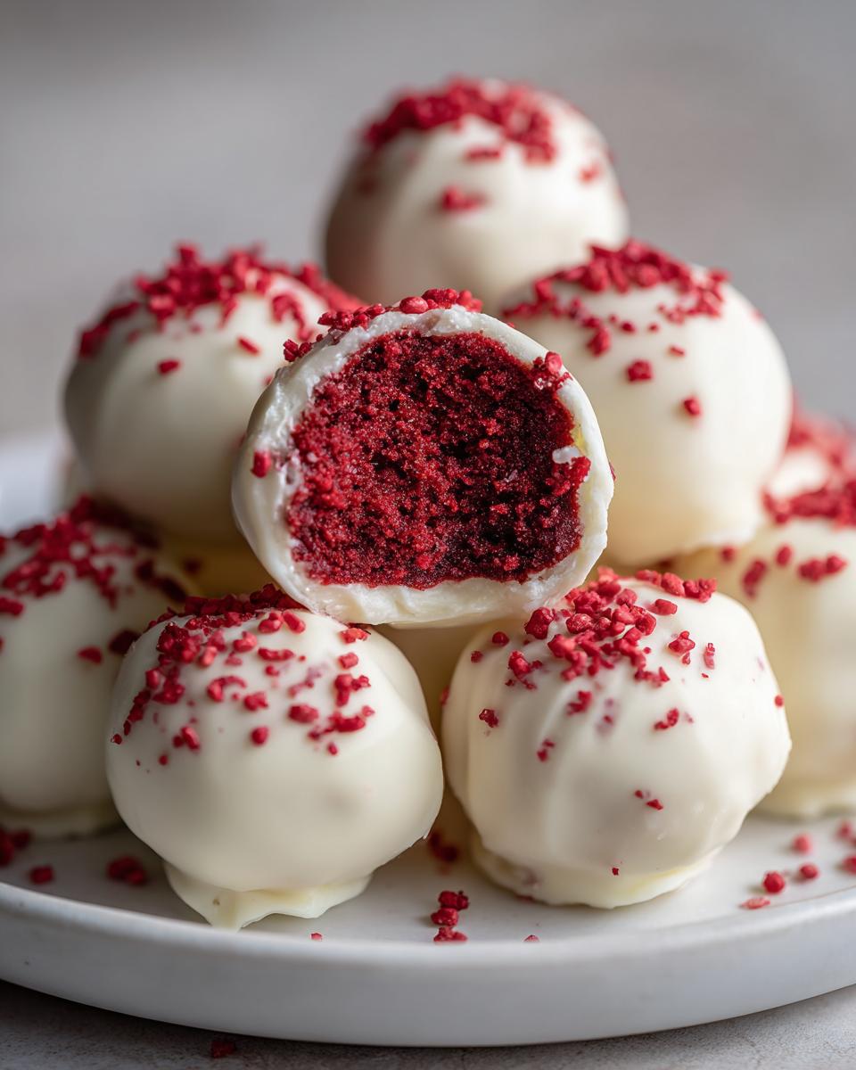 A stack of white chocolate covered red velvet cake balls, one cut open to show the vibrant red interior.