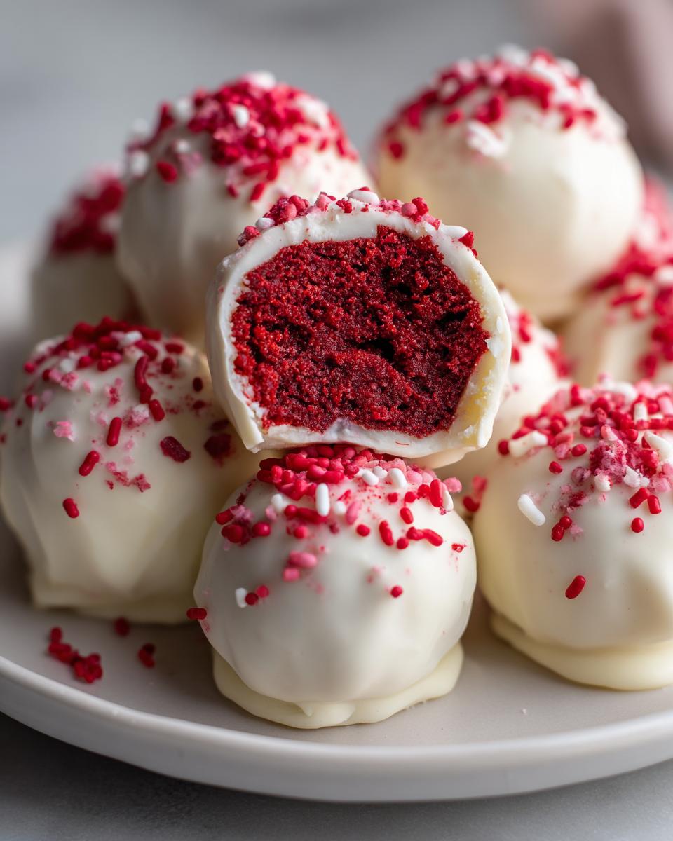 A stack of white chocolate coated red velvet cake balls, one cut in half showing the vibrant red interior and red/white sprinkles.