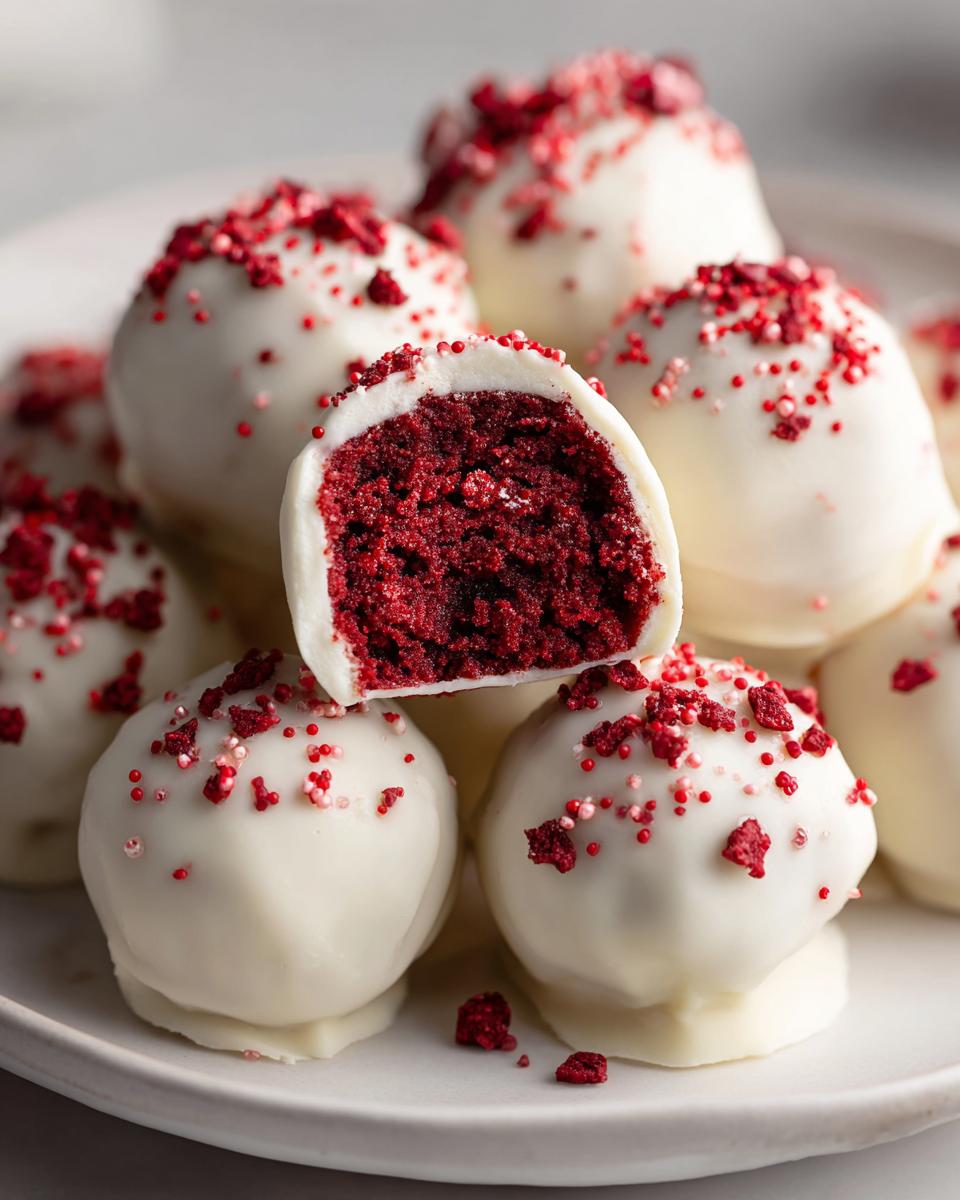 Close-up of white chocolate coated red velvet cake balls, one cut in half showing the rich red interior.