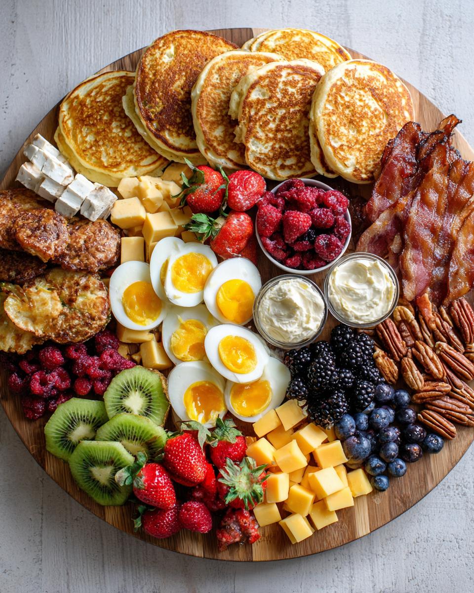 A fully loaded Breakfast Grazing Board featuring pancakes, bacon, eggs, cheese cubes, and fresh berries.