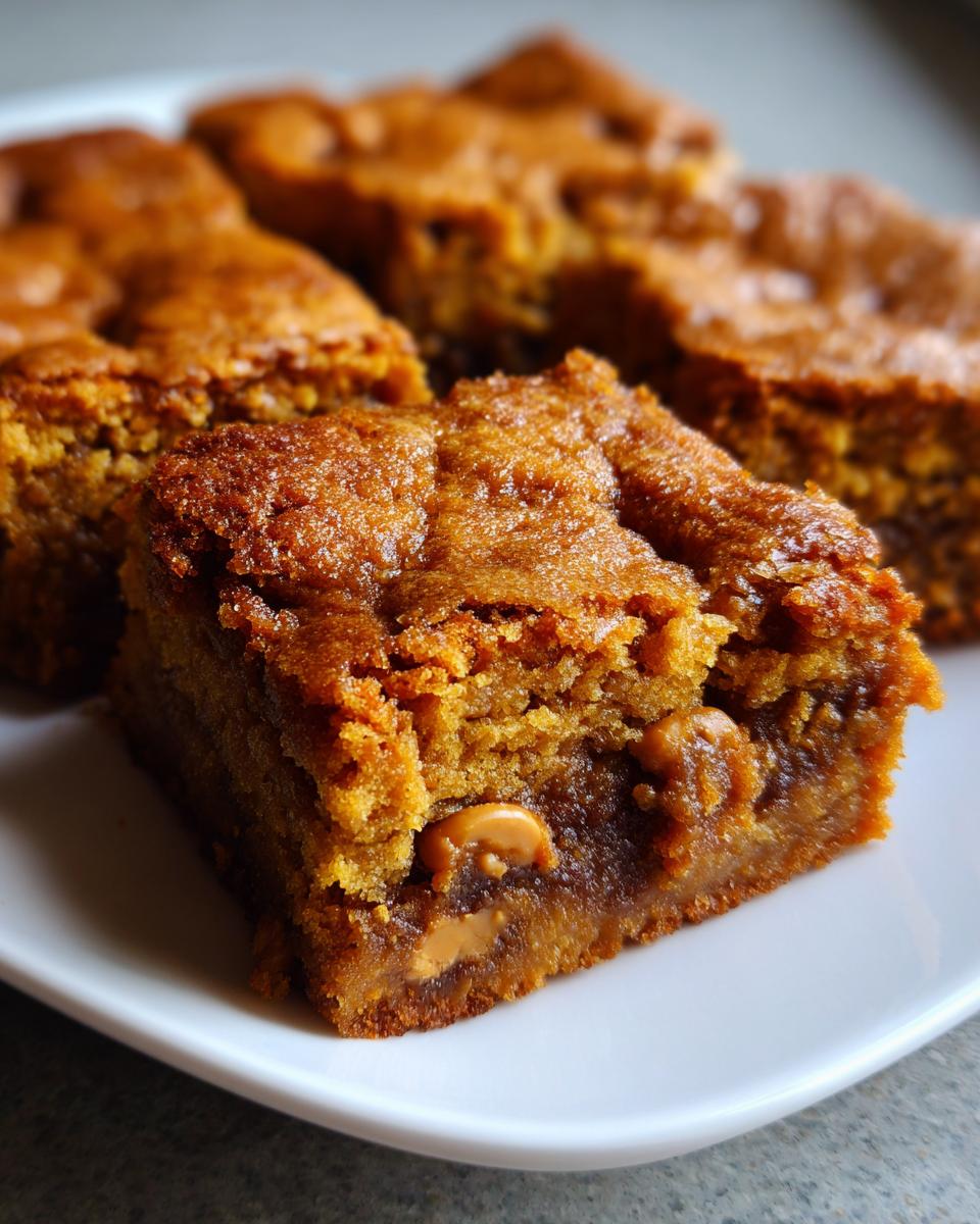 Close-up of a rich, fudgy butterscotch brownie square showing a gooey center and butterscotch chips.