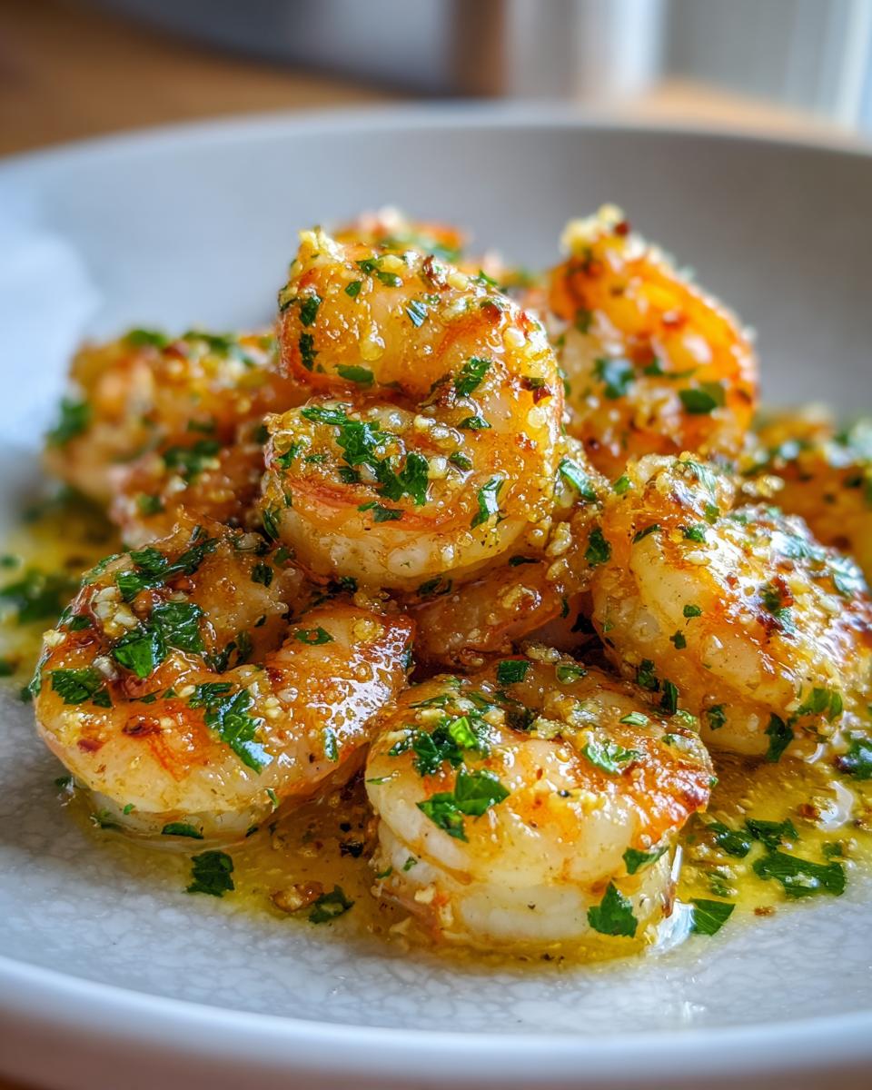 A close-up of plump shrimp coated in glistening garlic butter sauce and fresh parsley, showcasing the Amazing Garlic Butter Shrimp.