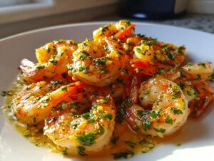 Close-up of juicy, cooked shrimp coated in rich garlic butter sauce and fresh parsley, representing Garlic butter shrimp.