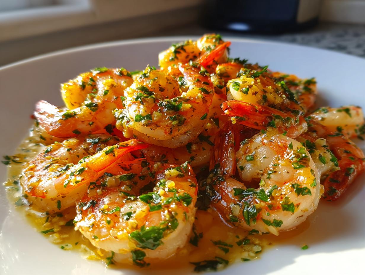 Close-up of juicy, cooked shrimp coated in rich garlic butter sauce and fresh parsley, representing Garlic butter shrimp.