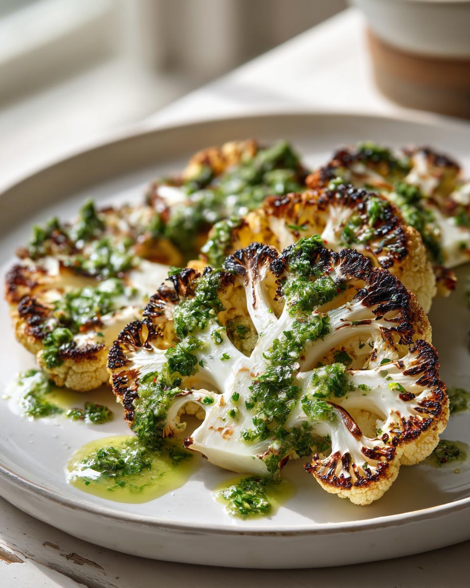 Close-up of perfectly roasted cauliflower steaks topped with a vibrant green herb sauce.