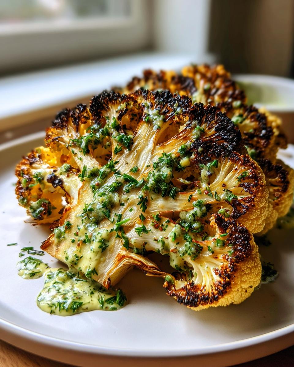 Close-up of a perfectly roasted cauliflower steak, charred edges, topped with a creamy green herb sauce.