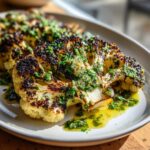 Close-up of perfectly roasted cauliflower steaks topped with a bright green herb sauce.