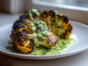 Two thick slices of deeply caramelized roasted cauliflower steaks topped with a creamy green herb sauce on a white plate.