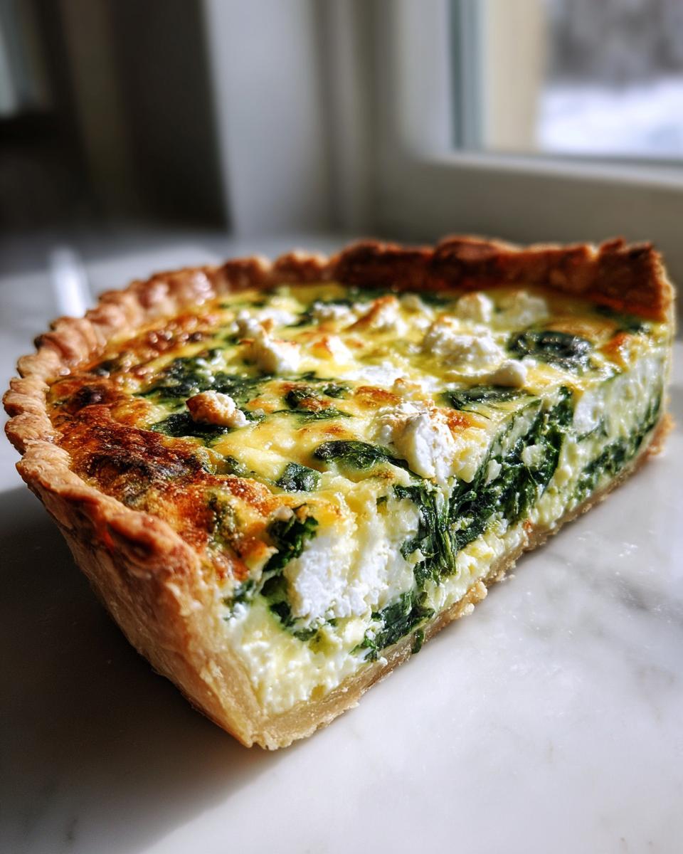 Close-up of a thick slice of spinach quiche showing the flaky crust and creamy filling with visible spinach and feta cheese.