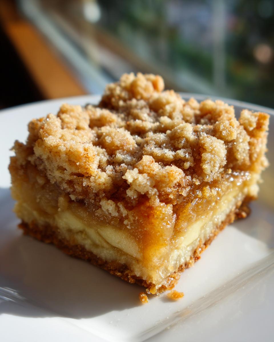 A single square of delicious apple pie bars with a thick crumble topping, sitting on a white plate.