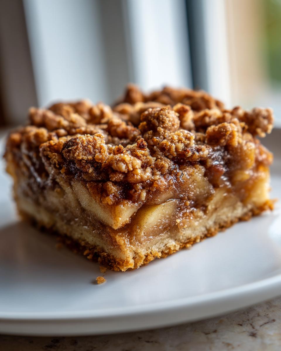 A single serving of moist apple pie bars with a thick, crumbly streusel topping, sitting on a white plate.
