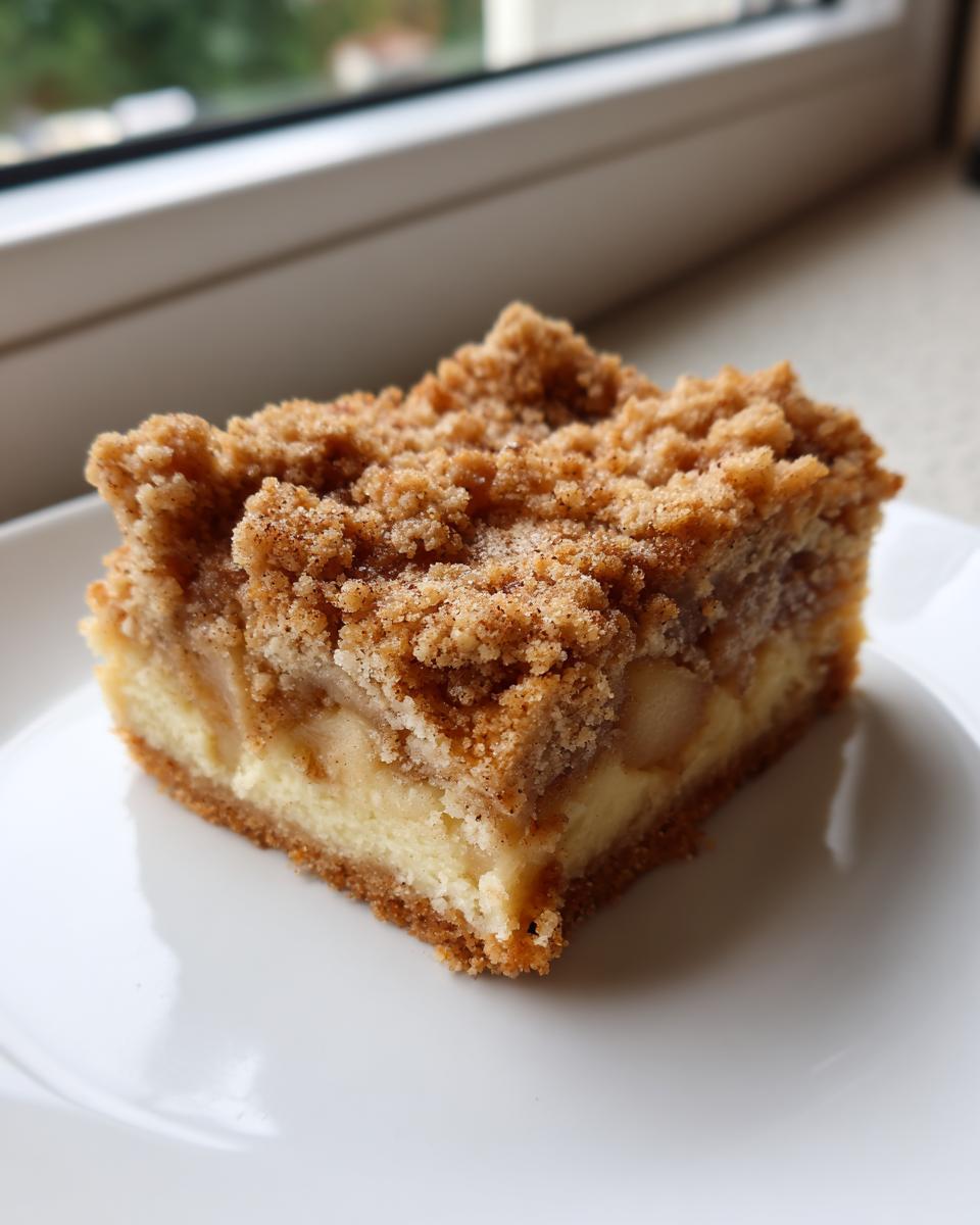 A close-up of a single serving of amazing apple pie bars featuring a thick crumble topping over apple and cheesecake layers.