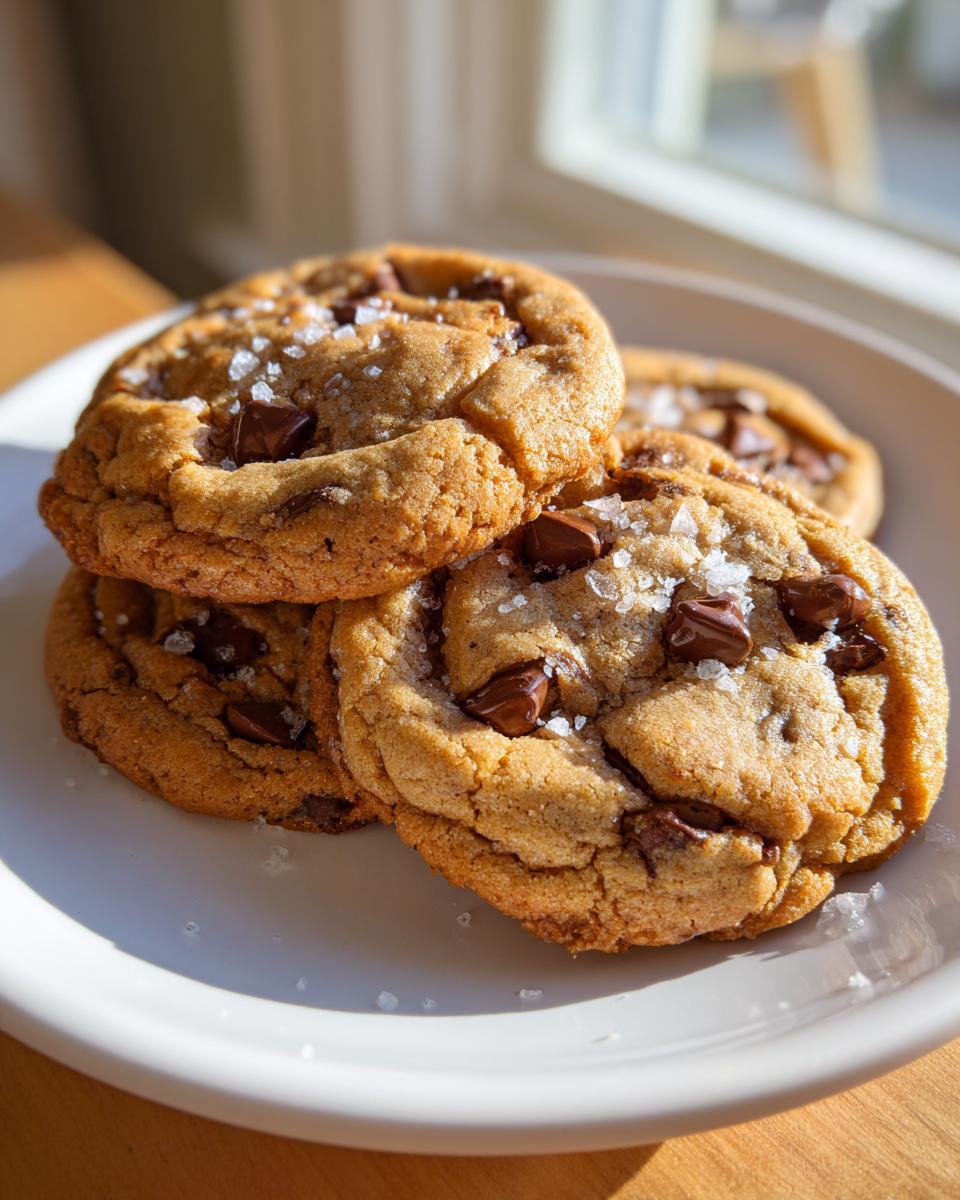 A stack of thick, chewy Bakery style chocolate chip cookies topped with flaky sea salt.