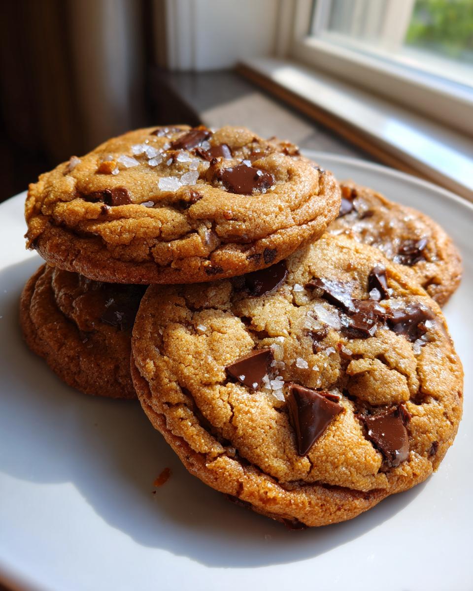 A stack of three thick, chewy Bakery style chocolate chip cookies topped with flaky sea salt.