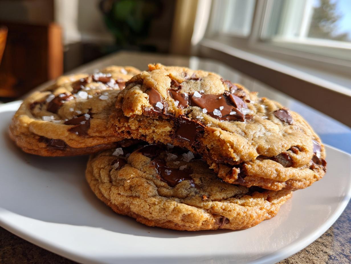 Three thick, chewy Bakery style chocolate chip cookies stacked on a white plate, topped with melted chocolate and flaky sea salt.