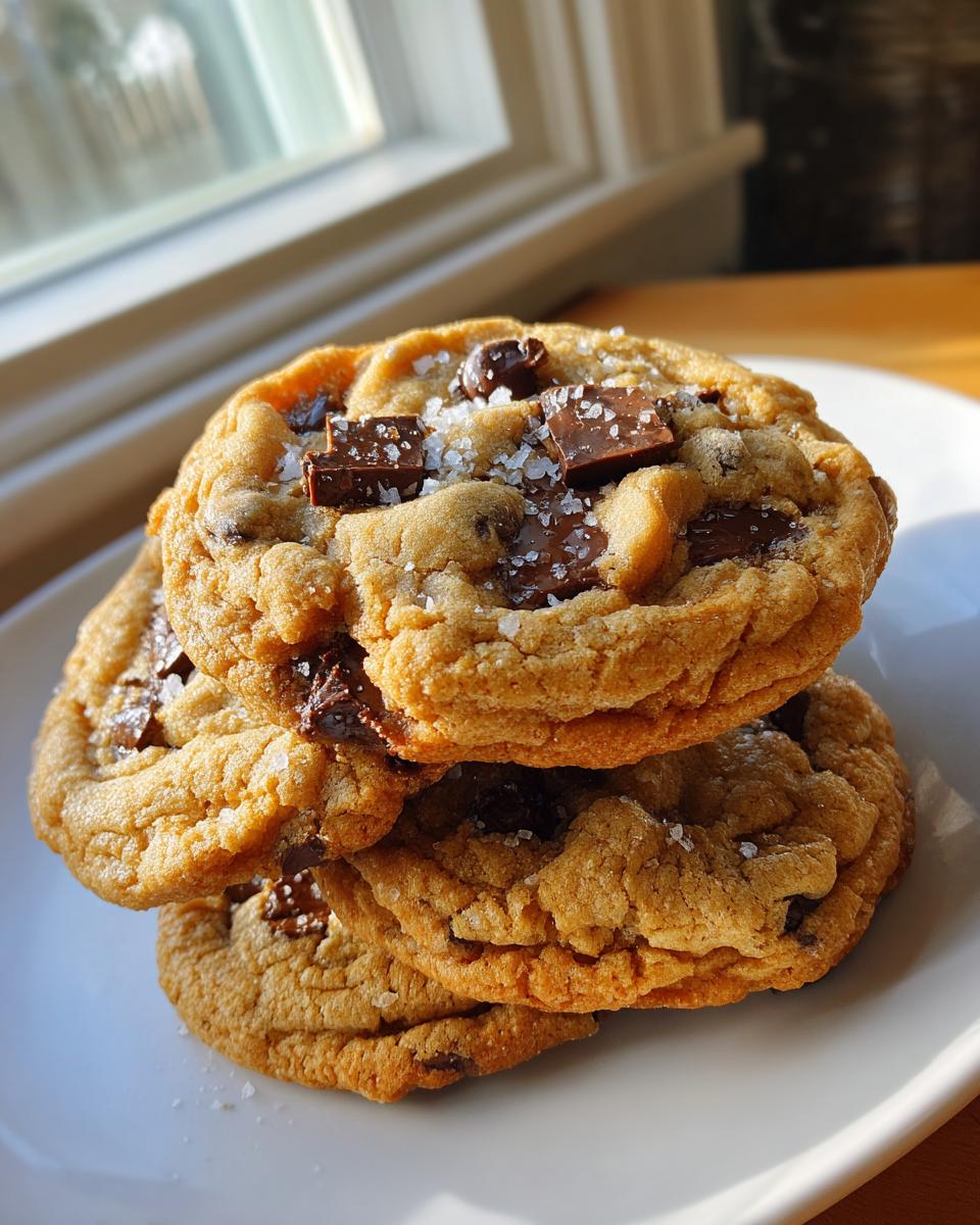 A stack of three thick, chewy bakery style chocolate chip cookies topped with chocolate chunks and flaky sea salt.