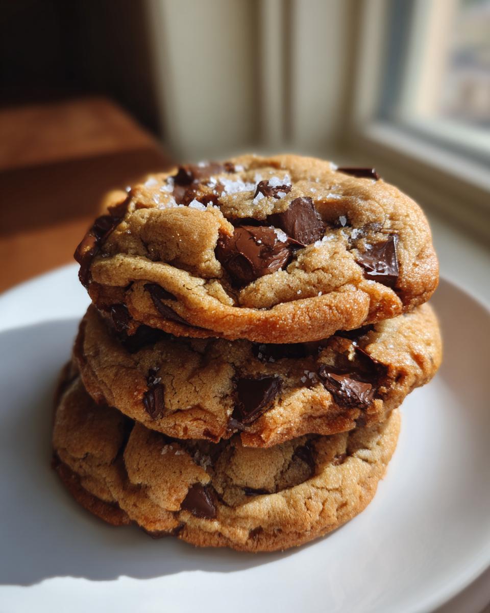 A stack of three thick, chewy Bakery style chocolate chip cookies topped with large chocolate chunks and flaky sea salt.