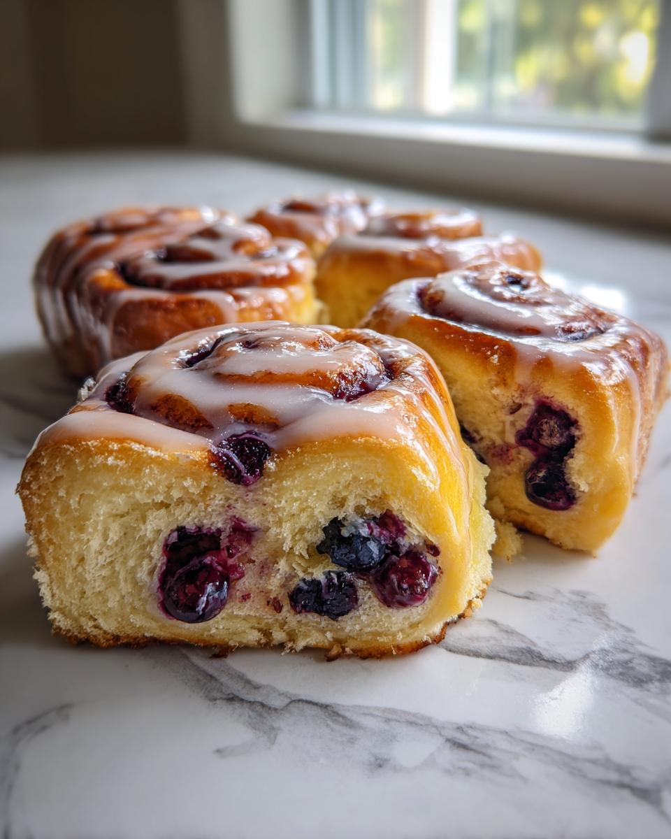 A cross-section view of glazed Blueberry Lemon Sweet Rolls showing soft dough and burst blueberries inside.