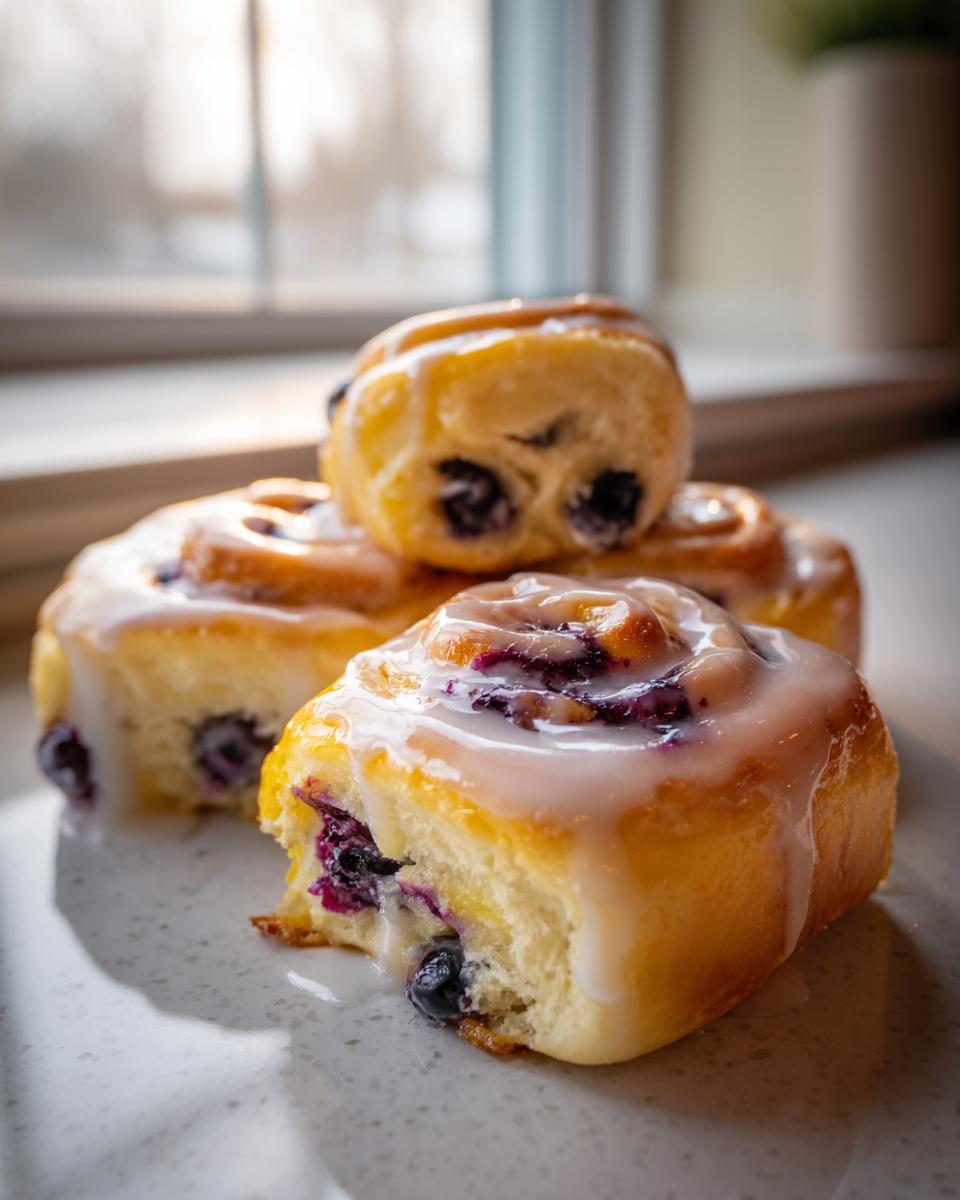 Close-up of three glazed Blueberry Lemon Sweet Rolls stacked, showing soft dough and bursting blueberries.