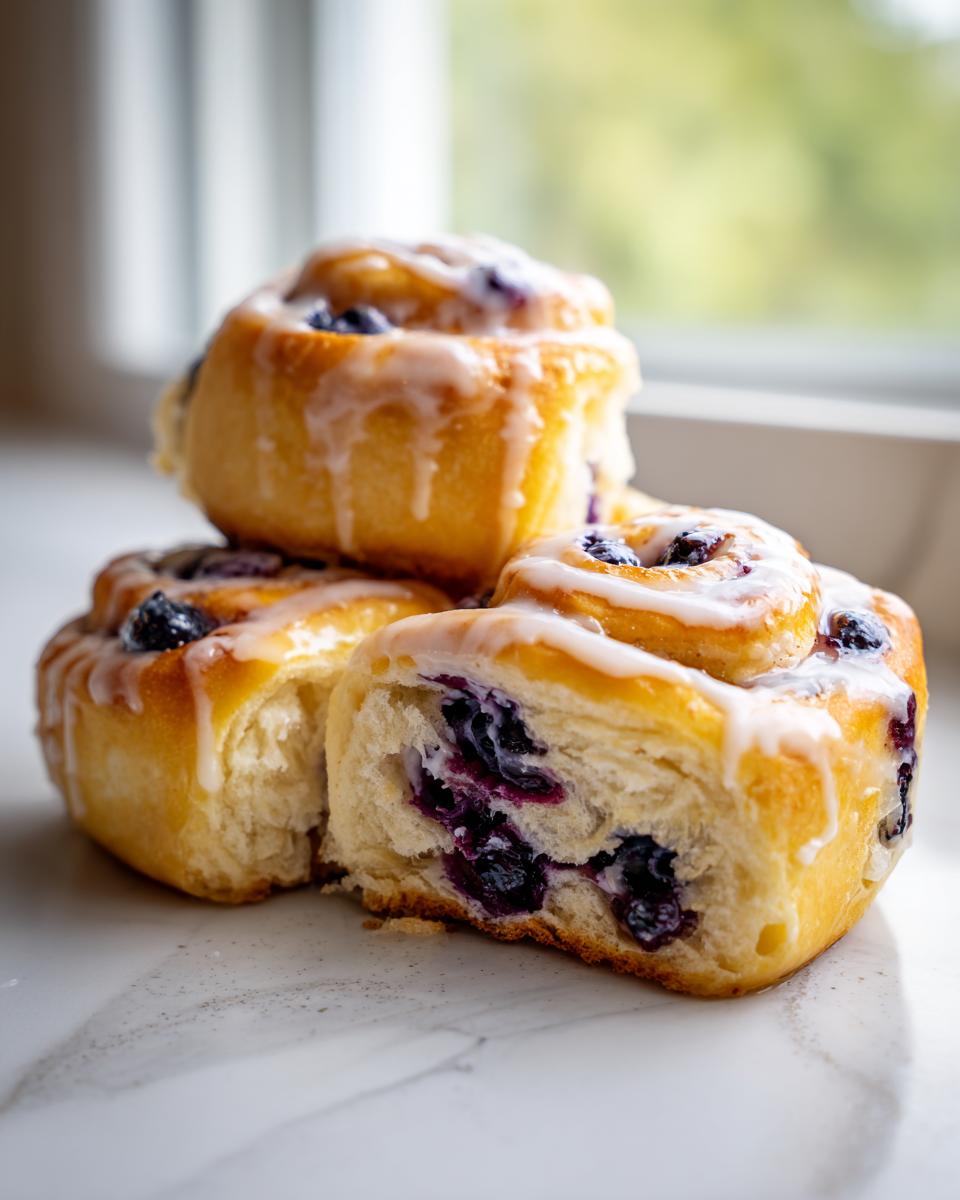 Close-up of three soft Blueberry Lemon Sweet Rolls stacked, one cut open showing juicy blueberries and white glaze.