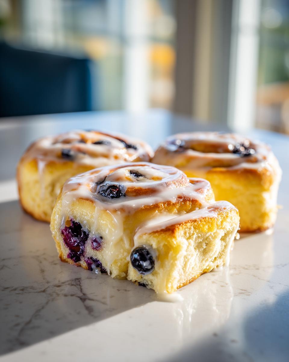 A close-up of three soft Blueberry Lemon Sweet Rolls drizzled with white icing on a marble surface.