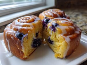 A close-up of a soft Blueberry Lemon Sweet Roll cut in half, showing the bright interior and lemon glaze.