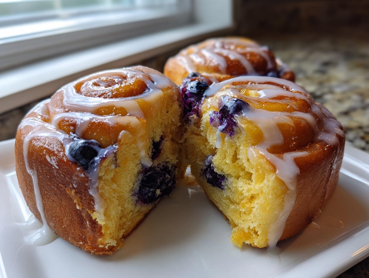 A close-up of a soft Blueberry Lemon Sweet Roll cut in half, showing the bright interior and lemon glaze.