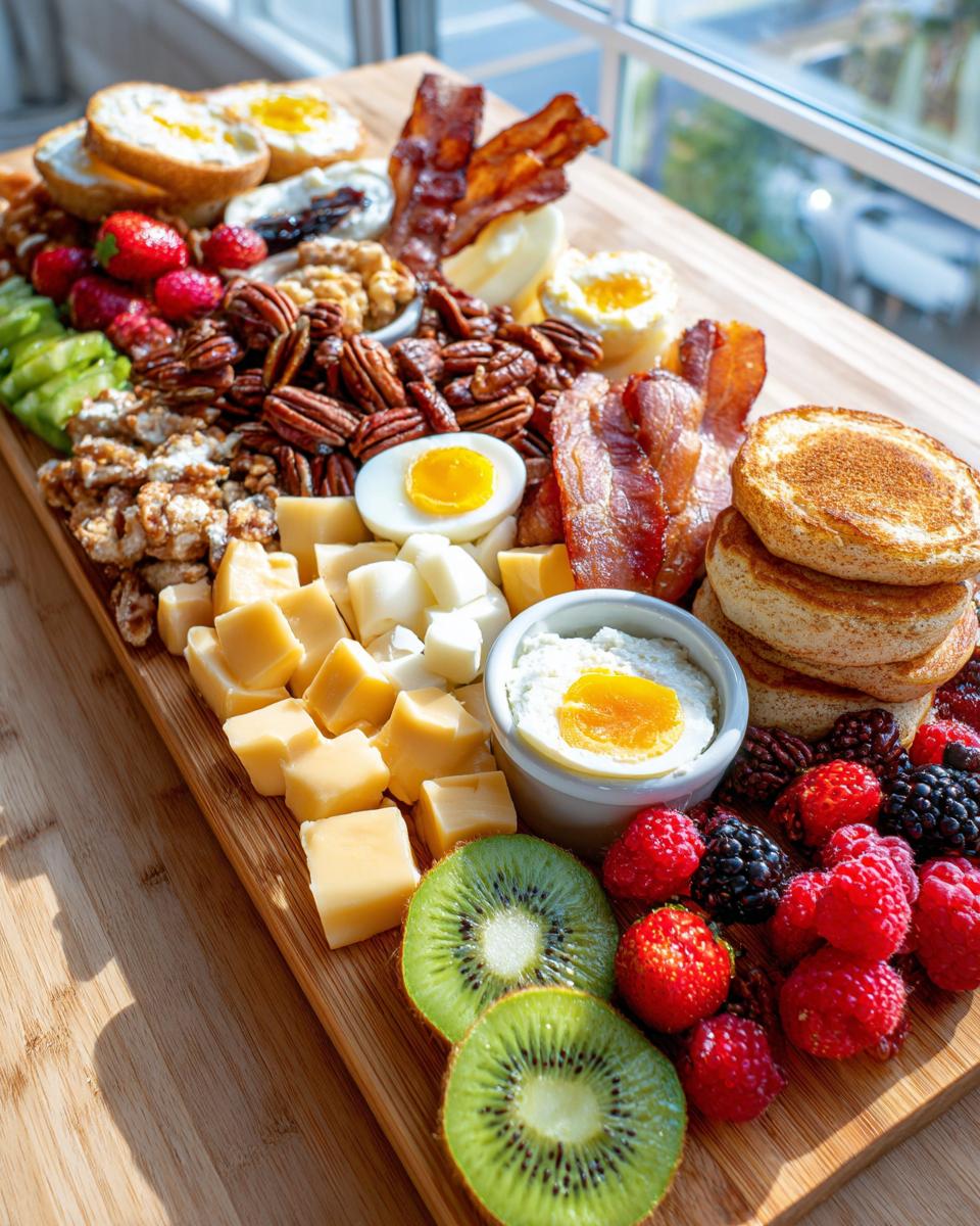 A bountiful breakfast grazing board featuring bacon, eggs, cheese cubes, pecans, berries, and mini pancakes.