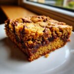 A close-up shot of a thick, chewy square of butterscotch brownies loaded with melted chocolate chips on a white plate.