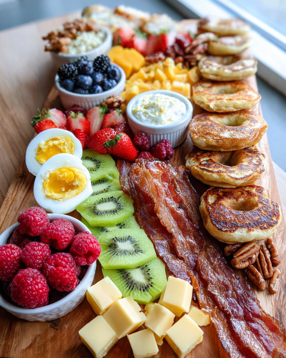 A vibrant Breakfast grazing board featuring bacon, sliced kiwi, raspberries, hard-boiled eggs, mini pancakes, and cheese cubes.