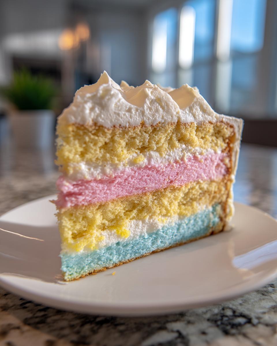 Close-up of a slice of colorful layer cake with yellow, pink, and blue layers, perfect for a cake picnic.