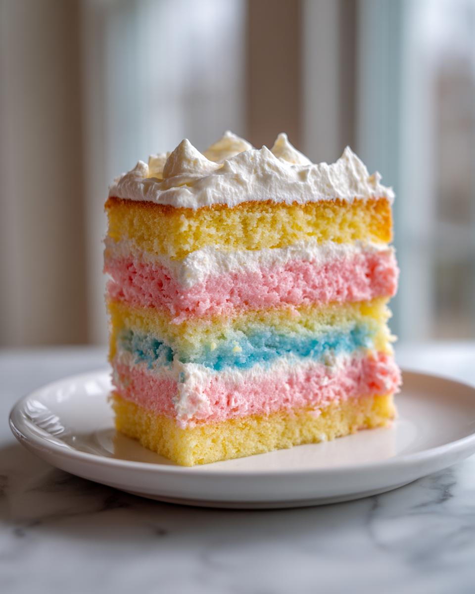 A tall slice of rainbow layer cake with white frosting, perfect for a Cake picnic.