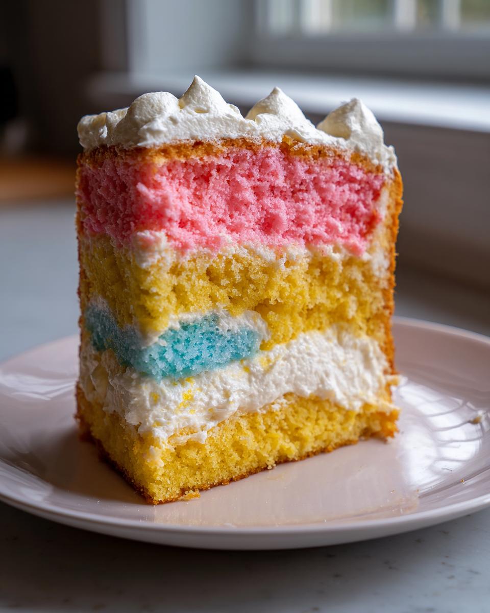 A tall slice of colorful layer cake featuring pink, yellow, and blue sponge layers with white frosting, perfect for a cake picnic.