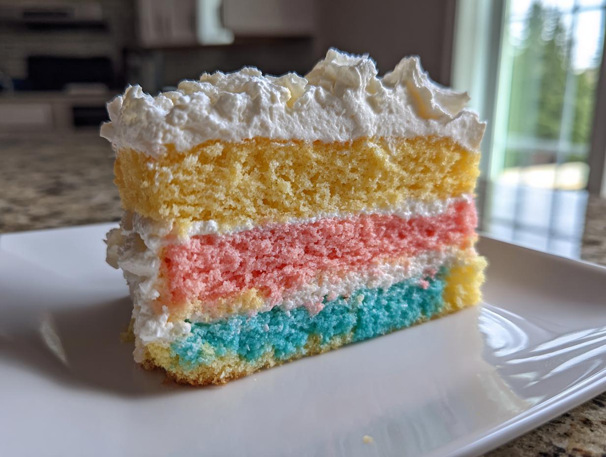 A colorful slice of three-layer cake with yellow, pink, and blue sponge, topped with whipped cream, perfect for a cake picnic.