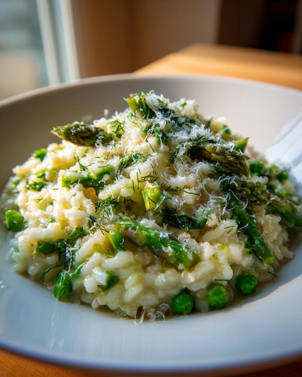 A close-up of creamy Asparagus Risotto in a white bowl, garnished with asparagus tips, peas, and grated Parmesan.