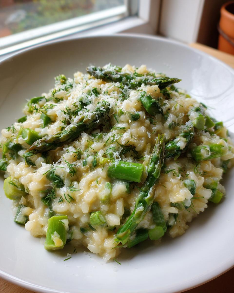 A close-up of creamy Asparagus Risotto served in a white bowl, topped with grated Parmesan and fresh dill.