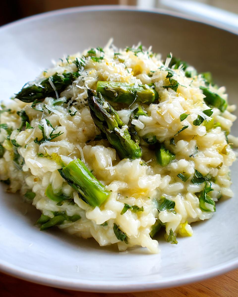 Close-up of a creamy bowl of Asparagus Risotto topped with grated Parmesan cheese and fresh herbs.