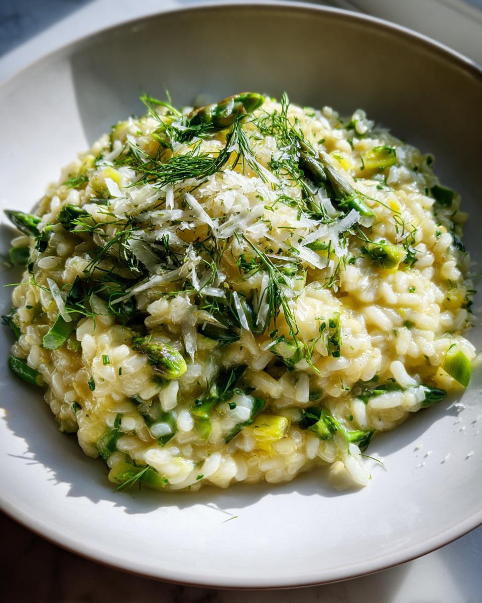 Close-up of creamy Asparagus Risotto in a white bowl, topped with shaved Parmesan cheese and fresh dill.