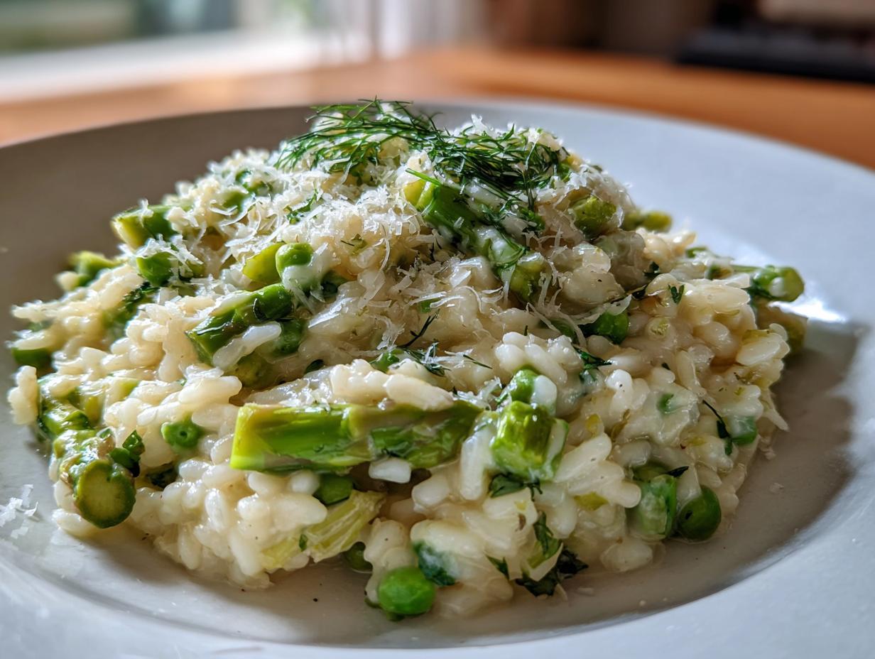 A close-up of creamy Asparagus Risotto topped with grated Parmesan cheese and fresh dill.