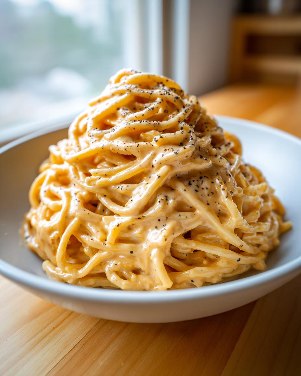 A tall mound of creamy Carbonara buldak ramen noodles generously coated in sauce and topped with black pepper.